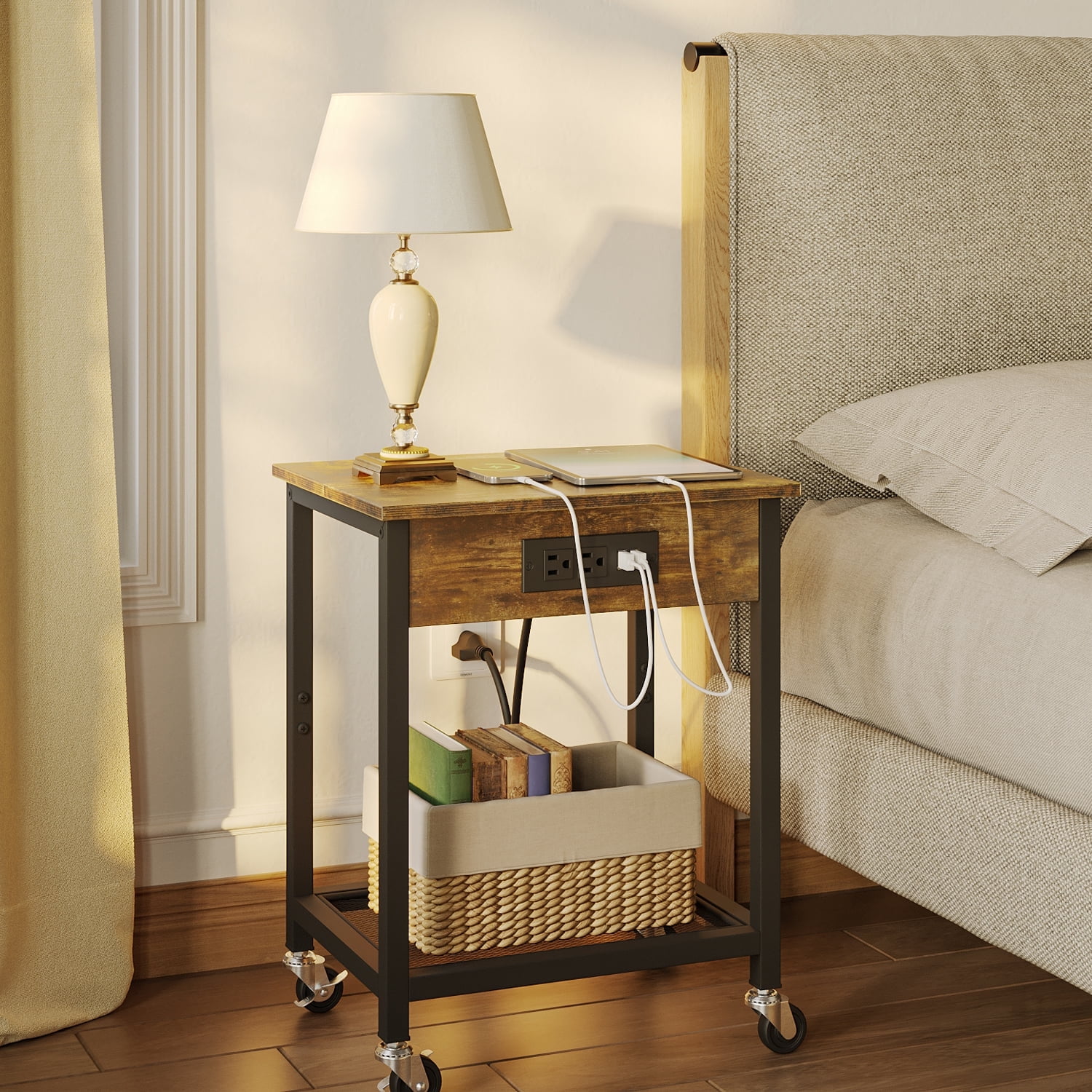 TC HOMENY End Table with Charging Station USB Ports Side Table with Wheels Storage Shelf Nightstand for Living Room Bedroom Brown Wood