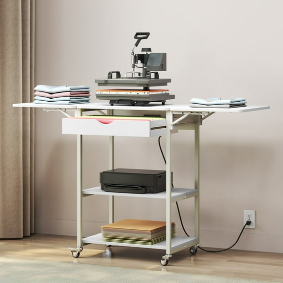 TC-HOMENY Foldable Heat Press Machine Stand w/ Charging Station, Mobile Heat Printer Cart w/ 3-Tier Storage & Drawer, Movable Heat Transfer Machine Workbench, White