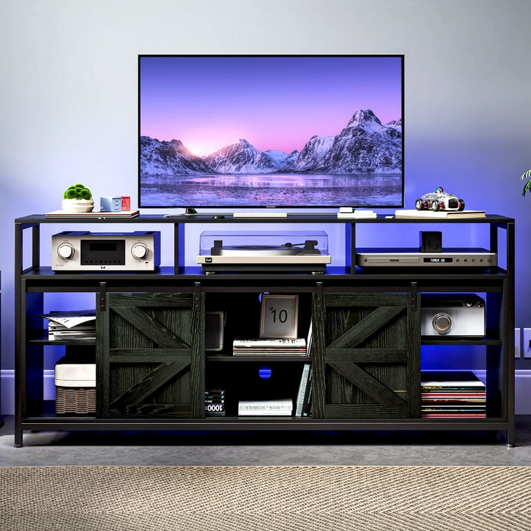 TC HOMENY LED Barn Door TV Stand Hold up to 65 inch TV Entertainment Center w Power Station RGB Strip Light Sliding Barn Door Adjustable