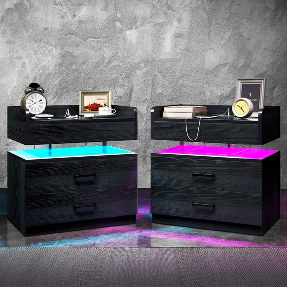 TC-HOMENY LED Nightstand with Charging Station Set of 2, LED Voice-Activated Mode, 2 Drawers End Table with USB Charging Ports, Bedside Table for Bedroom, Living Room, Black