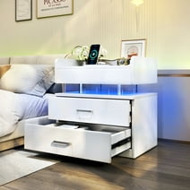 TC-HOMENY LED Nightstand with Charging Station, LED Voice-Activated Mode, 2 Drawers End Table with USB Charging Ports, Bedside Table for Bedroom, Living Room, White