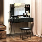 TC-HOMENY Makeup Vanity Table Set with Power Station, Dressing Table w/ Mirror & 2 Drawers, Vanity Desk for Bedroom, dressing room, Black