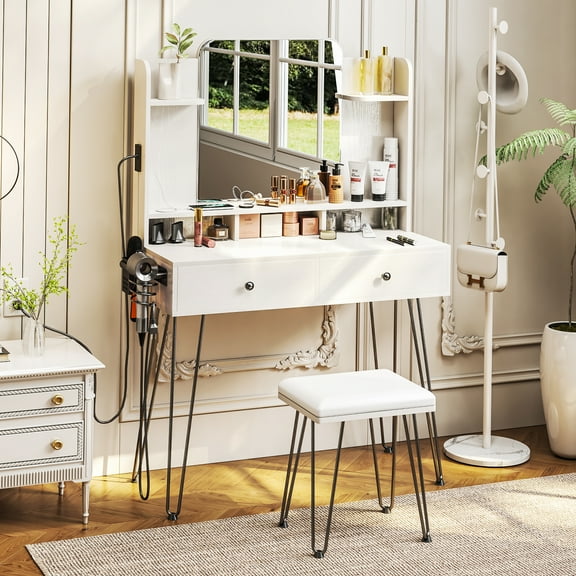 TC-HOMENY Makeup Vanity Table Set with Power Station, Dressing Table w/ Mirror & 2 Drawers, Vanity Desk for Bedroom, dressing room, White