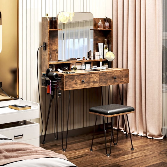 TC-HOMENY Makeup Vanity Table Set with Power Station, Dressing Table w/ Mirror & 2 Drawers, Vanity Desk for Bedroom, dressing room, Wooden