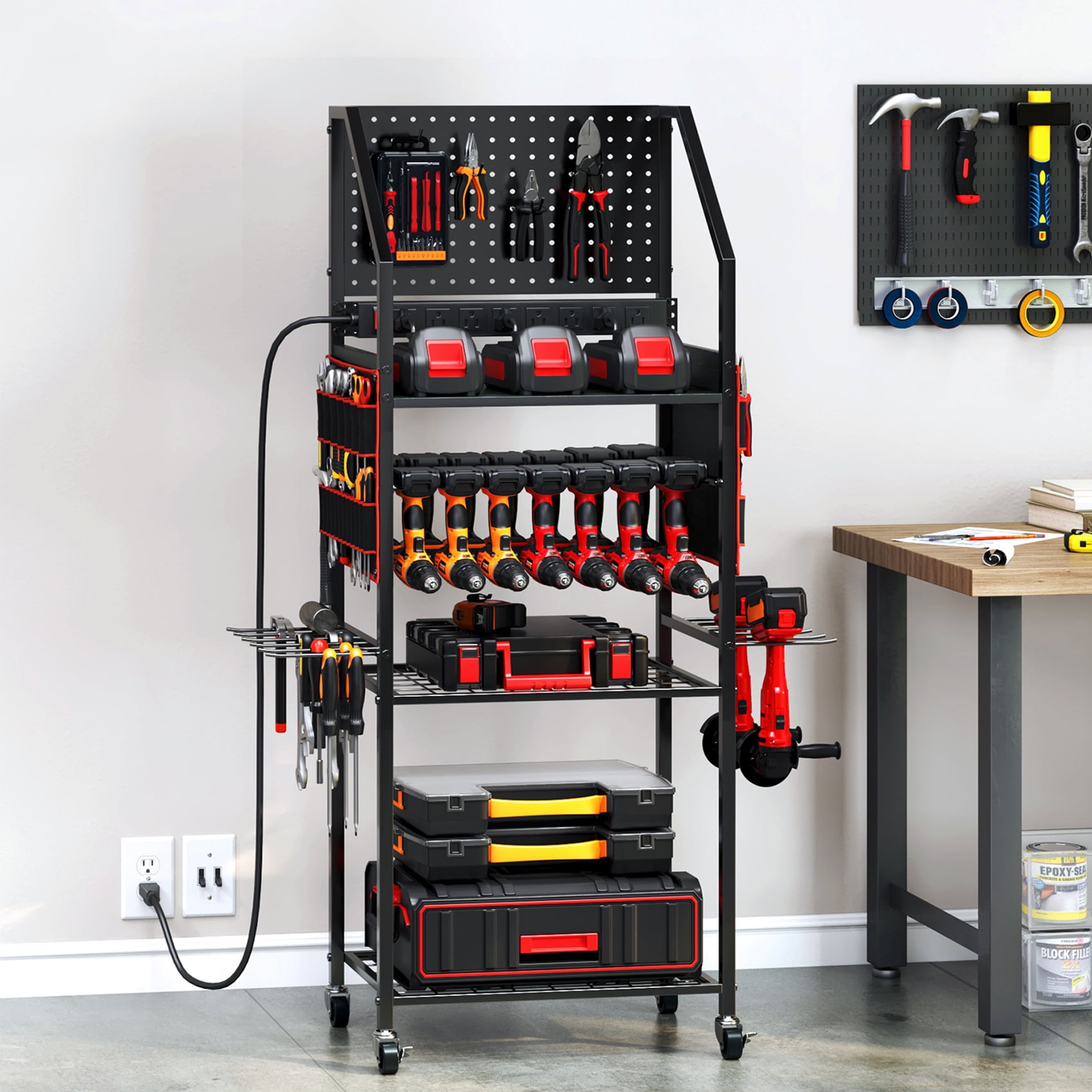 TC-HOMENY Movable Power Tool Organizer Cart w/ 8 Outlets Charging Station, 24 Power Drill Tool Battery Storage Rack for Garage, 3-Tier Tools Organizer with Pegboard, Festive Gifts for Men Dads Father
