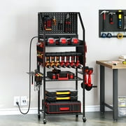 TC-HOMENY Movable Power Tool Organizer Cart w/ 8 Outlets Charging Station, 24 Power Drill Tool Battery Storage Rack for Garage, 3-Tier Tools Organizer with Pegboard, Festive Gifts for Men Dads Father