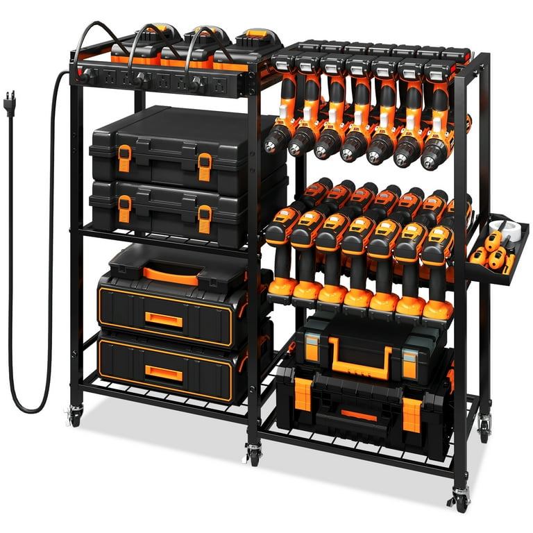 Tc-homeny Movable Power Tool Organizer Cart w/ 8 Outlets Charging Station, 28 Power Drill Tool Garage Battery Storage Rack, Heavy Duty 3-Tier Tools
