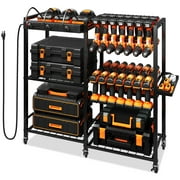 TC-HOMENY Movable Power Tool Organizer Cart w/ 8 Outlets Charging Station, 28 Power Drill Tool Garage Battery Storage Rack, Heavy Duty 3-Tier Tools Organizer, Festive Gifts for Men Dads Father