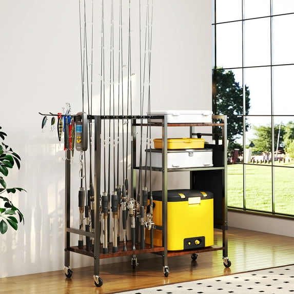 TC-HOMENY Multifunctional Fishing Rod Stand, Fishing Rod Holder Cart for 16 Pcs Fishing Poles w/ 3-Layer Storage Space, Convenient for Total 210 lbs Load-bearing Fishing Pole, Wooden