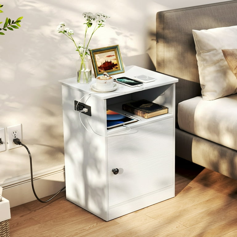 TC Homeny Modern Nightstand with Charging Station White