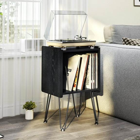 TC-HOMENY Record Player Stand Vinyl Album Storage Cabinet with Hairpin Legs End Side Table Black