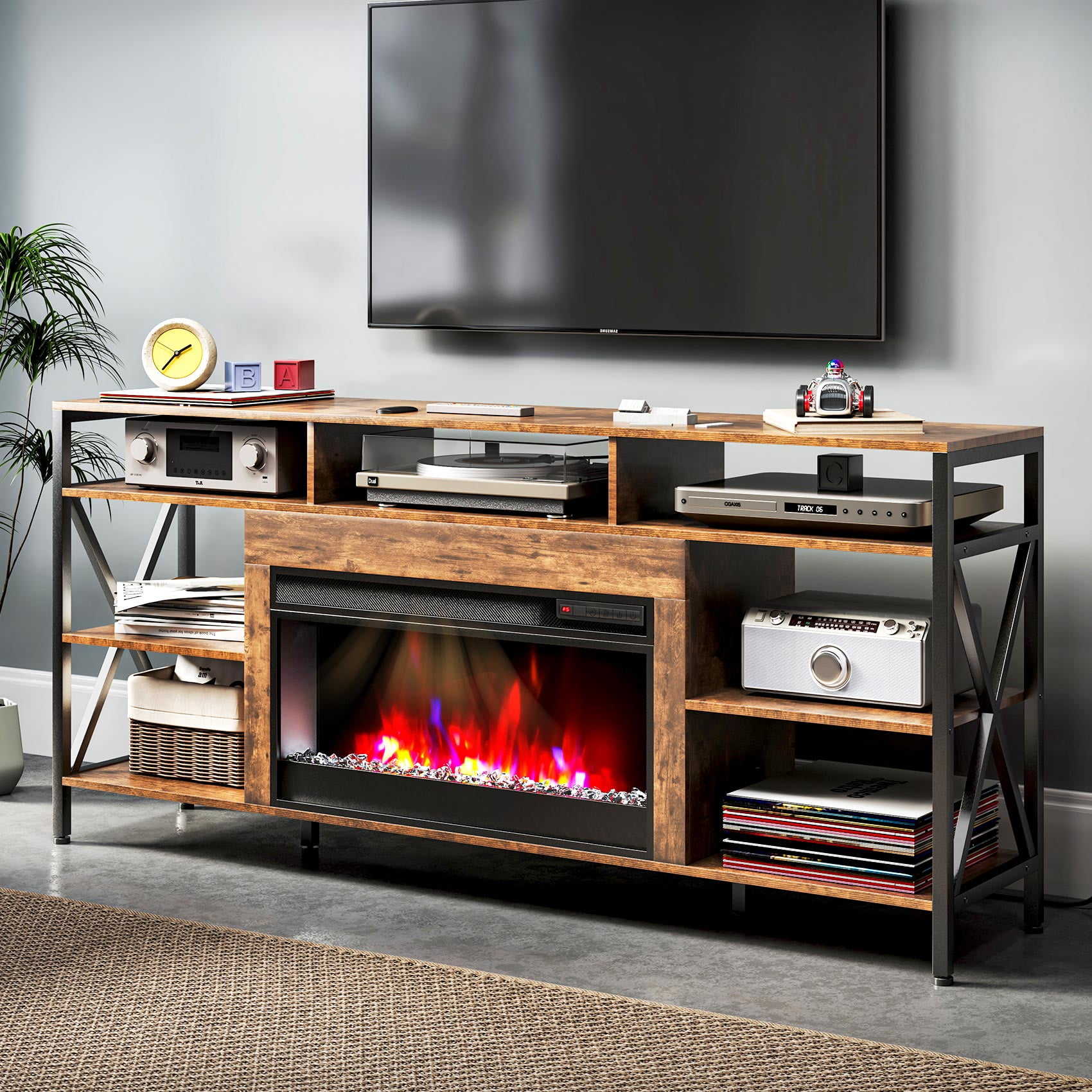 "TC-HOMENY 70"" TV Stand with Electric Fireplace, Wooden Indoor Space ...