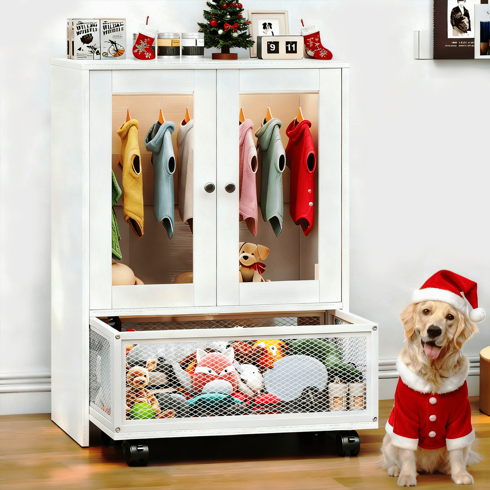 TC-Homeny Wooden Dog Wardrobe with Acrylic Door, Wheels, Drawers