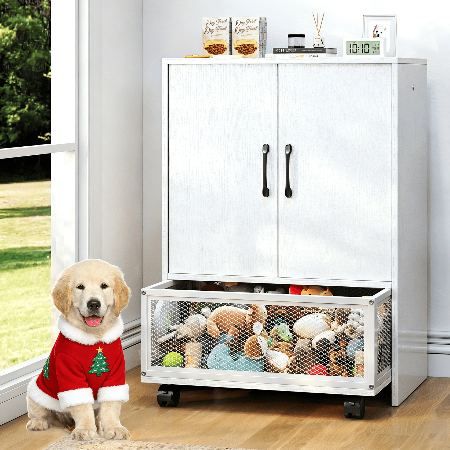 TC-HOMENY Wooden Dog Wardrobe with Door, Wheels, Drawers and
