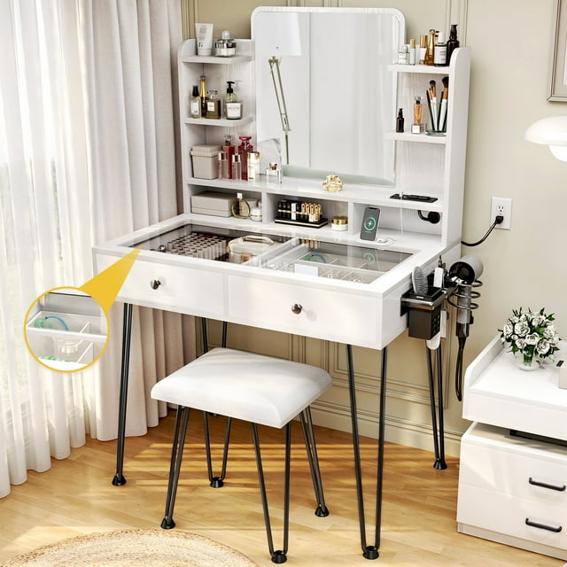 TC-Homeny Makeup Vanity Table with Charging Station & Compartment Storage Drawers, Visible Glass Desktop & Stool Set, White
