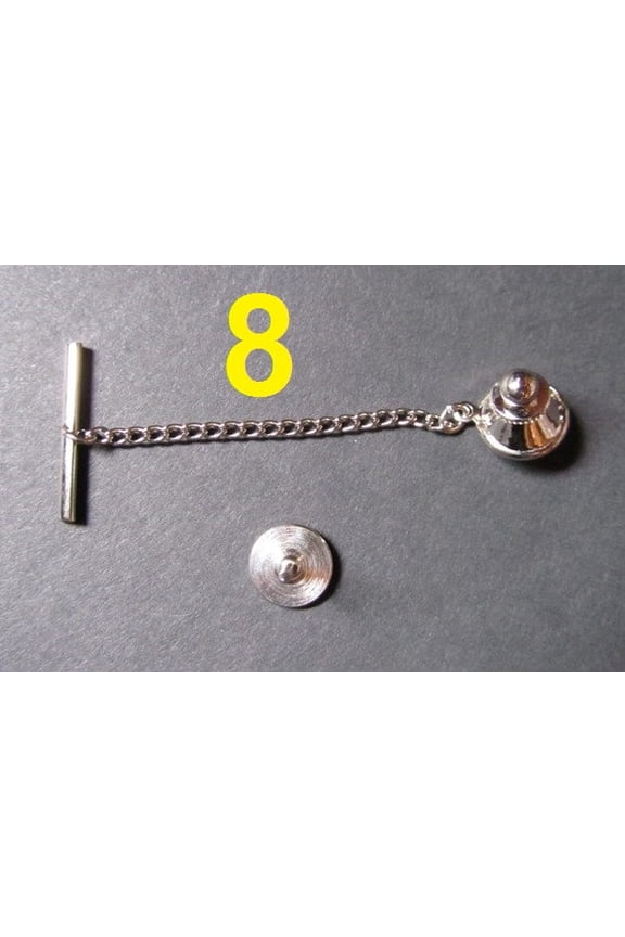 TC037B - 8 Sets - Silver Tone Tie Tacks (Spring Loaded Clutch and Chain)