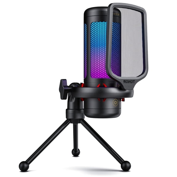 TC310+ USB Gaming Microphone with RGB, Pop Filter & Shock Mount, Boom Arm with Quick Mute/Gain Control for PC Streaming Podcasting YouTube Twitch Zoom Skype