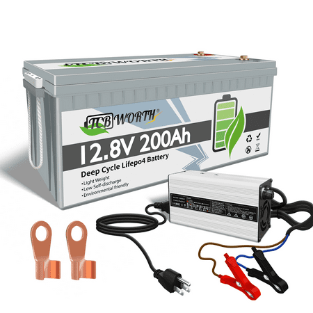 TCBWORTH LIFePO4 Battery 12V 200Ah Lithium Batteries with 200A BMS, Deep Cycle Rechargeable Lithium Iron Phosphate Battery with 14.6V 20A Lithium Charger, for Solar, Marine, Trolling Motor