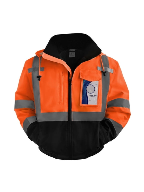 Construction Jackets for Men, Waterproof Hi Vis Jackets for Men, Class 3 High Visibility Reflective Safety Jackets for Men, Winter Bomber Work Jackets for Men with Black Bottom, J-Orange 3XL