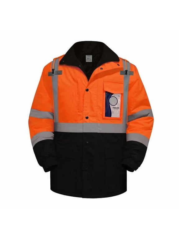 Safety Jacket for Men & Women, Hi Vis Reflective Jackets with Pockets, Construction Coats for Cold Weather, High Vis Rain Gear, Waterproof, Long J-Orange, 5XL