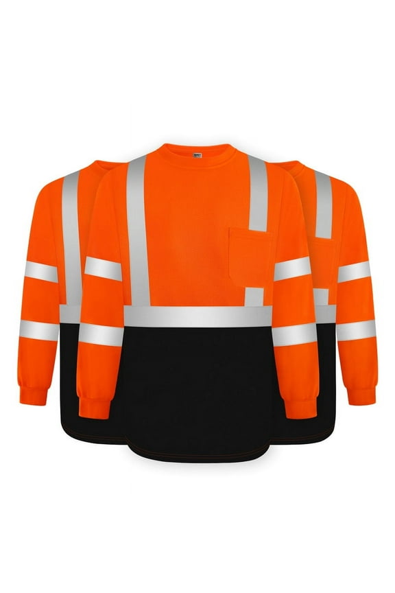 Construction Shirts for Men Class 3 Long Sleeve Work Shirts for Men Construction, Hi Vis Reflective Safety Shirts for Surveyors, Drivers, Dirt-resistant with Black Bottom, CX-Orange XXL 3pcs