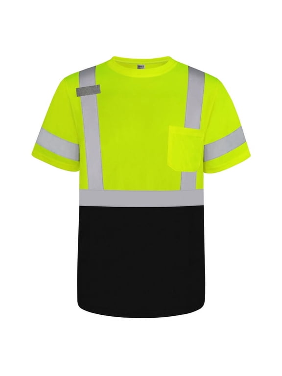 Hi Vis Shirts for Men Class 3 High Visibility Shirt with Short Sleeves, Reflective Safety Shirts for Men, Construction Work Shirts with Reflective Strips, Breathable, DX-(Yellow/Black) XL