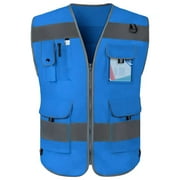 TCCFCCT High Visibility Safety Vest for Men Women 9 Pockets Hi Vis Reflective Vest for Safety, Work Vest with Reflective Strips, Meets ANSI/ISEA Standards, Blue, 4X-Large