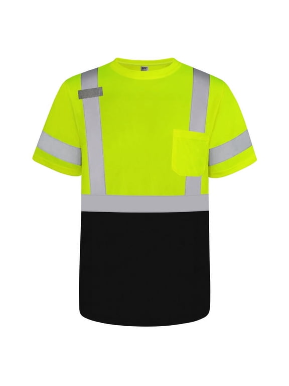 High Visibility Shirt Class 3 Hi Vis Shirts for Men, Short Sleeve Work Shirts for Men, Safety Shirts for Men Construction, Breathable, DX-(Yellow/Black) L