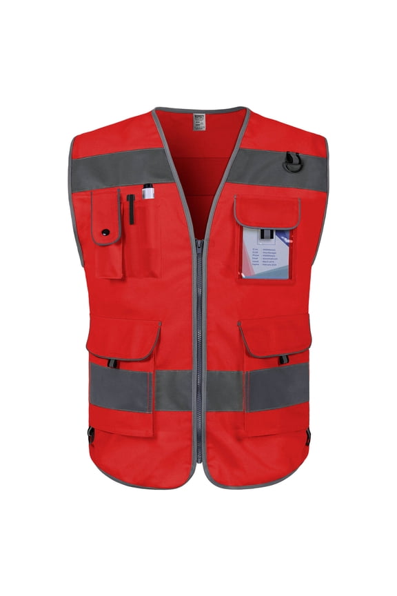 High Visibility Vest 9 Pockets Reflective Safety Work Vest for Men Women, Hi Vis Construction Vest with Reflective Strips, Meets ANSI/ISEA Standards, (Red, Large)