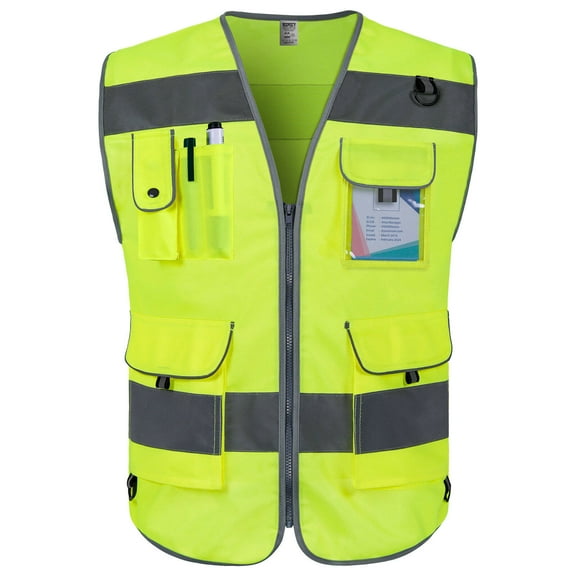 TCCFCCT High Visibility Vest 9 Pockets Reflective Safety Work Vest for Men Women, Hi Vis Construction Vest with Reflective Strips, Meets ANSI/ISEA Standards, (Yellow, Large)
