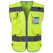 TCCFCCT High Visibility Vest 9 Pockets Reflective Safety Work Vest for Men Women, Hi Vis Construction Vest with Reflective Strips, Meets ANSI/ISEA Standards, Yellow, Large