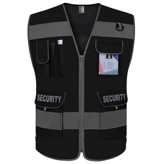 TCCFCCT Mesh Security Vest for Security Guard 9 Pockets High Visibility Reflective Safety Vest for Men Women, Durable Hi Vis Vest with Reinforced Sewing, Meets ANSI/ISEA, (G100S-Black, M)
