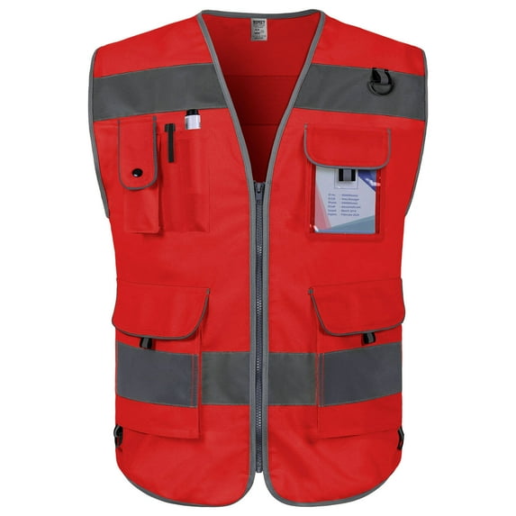 TCCFCCT Reflective Safety Vest 9 Pockets High Visibility Vest for Men Women, Hi Vis Reflective Work Vest for Safety, Meets ANSI/ISEA Standards, (Red, XX-Large)