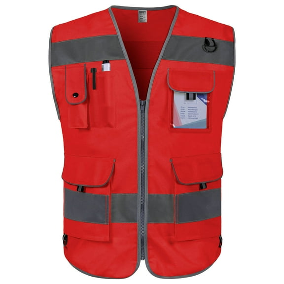 TCCFCCT Reflective Vest 9 Pockets High Visibility Safety Vest for Men Women, Hi Vis Construction Vest with Reflective Strips, Meets ANSI/ISEA Standards, (Red, Small)