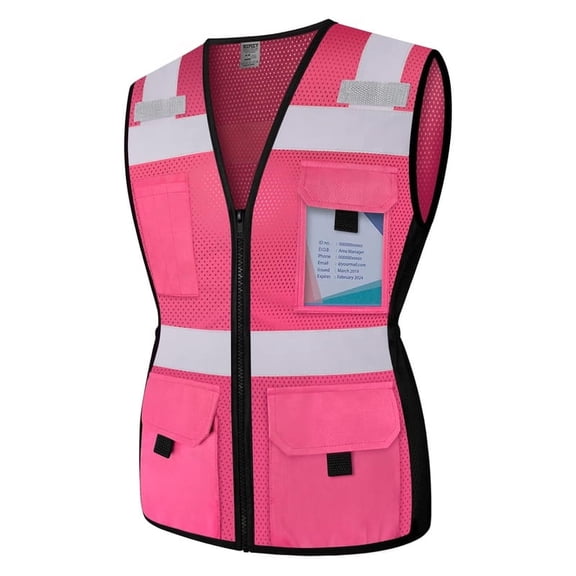 TCCFCCT Safety Vest for Women 11 Pockets Mesh Reflective Vest with Zipper, High Visibility Neon Construction Work Vest for Lady Surveyors/Warehouse, Snug-Fit, Durable, ANSI Compliant, Pink XS