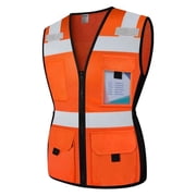 TCCFCCT Safety Vest for Women 11 Pockets Mesh Reflective Vest with Zipper, High Visibility Neon Construction Work Vest for Lady Workers/Surveyors/Drivers, Snug-Fit & Durable, ANSI Compliant, Orange M