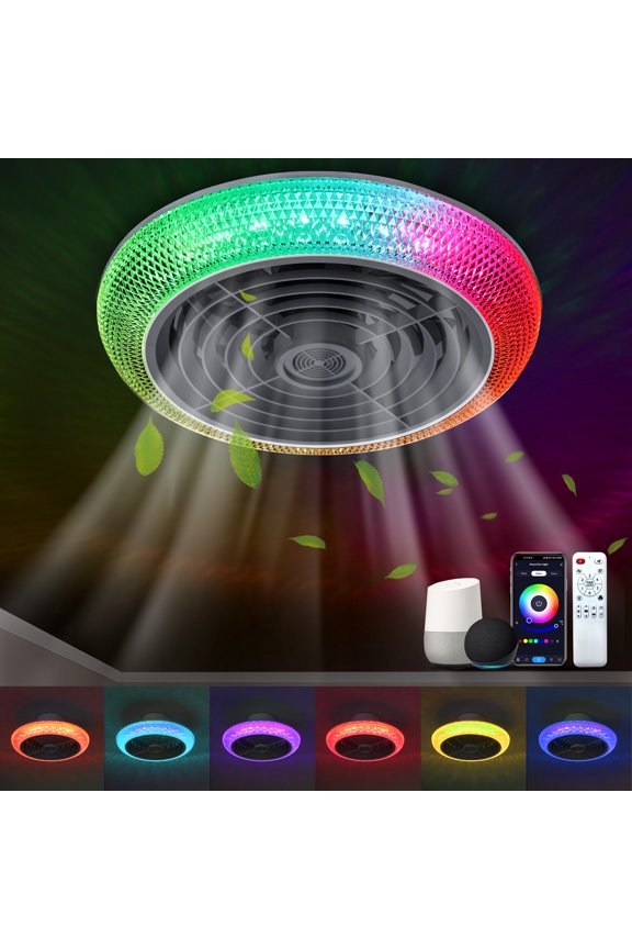 16" Smart Ceiling Fan w/ Light, RGB & LED, Smart Control Compatible with Voice Assistant Alexa/Google/Siri, Bladeless Fan w/ 6 Speeds & Reversible, White