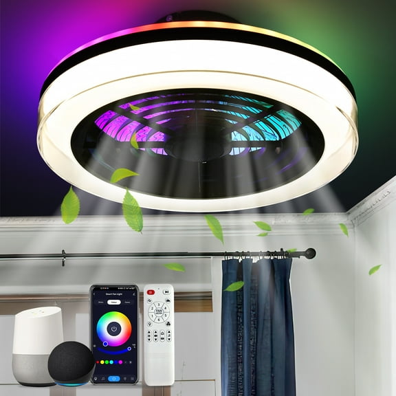 TCFUNDY 18" Smart Ceiling Fan w/ Light, RGB & LED, Smart Control Compatible with Voice Assistant Alexa/Google/Siri, Built-in Bluetooth Speaker, Bladeless Fan w/ 6 Speeds & Reversible, White