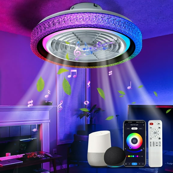 TCFUNDY 20" Smart Ceiling Fan w/ Light, RGB & LED, Smart Control Compatible with Voice Assistant Alexa/Google/Siri, Built-in Bluetooth Speaker, Bladeless Fan w/ 6 Speeds & Reversible, White
