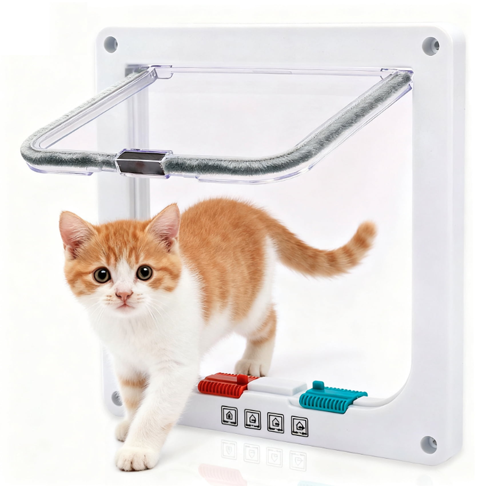 TCMT TCFUNDY 4-Way Lockable Small Pet Door Cat Door for Walls Windows with Brush Edges, 5.7" x 6.1", White