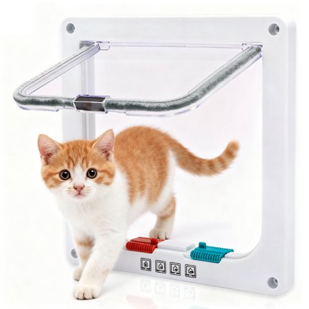 TCFUNDY 4-Way Lockable Small Pet Door Cat Door for Walls Windows with Brush Edges, 5.7" x 6.1", White