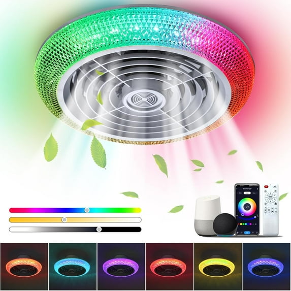 TCFUNDY Ceiling Fan with Light, 16" LED RGB Low Profile RGB Fan Light with 6 Wind Speed, App & Remote Control, Fit for Alexa, Google Assistant