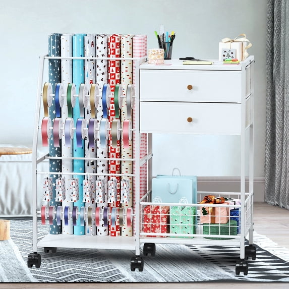 TC-HOMENY Craft Gift Wrapping Storage Cart, Storage Organizer with Wheels for Craft Room, Cake Shop & Flower Store, Multi-Purpose Holder for Ribbons, Ties & Scarves, White