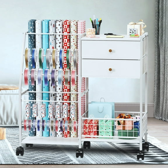 TC-HOMENY Craft Gift Wrapping Storage Cart, Storage Organizer with Wheels for Craft Room, Cake Shop & Flower Store, Multi-Purpose Holder for Ribbons, Ties & Scarves, White