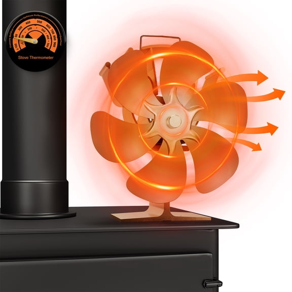 TCFUNDY Heat Powered Wood Stove Fan, 6-Blade Fireplace Fan Non Electric for Warm Air Circulation, Stove Fan w/ Magnetic Thermometer for Wood Burning Stove, Pellet, Log, Silent Operation, Golden