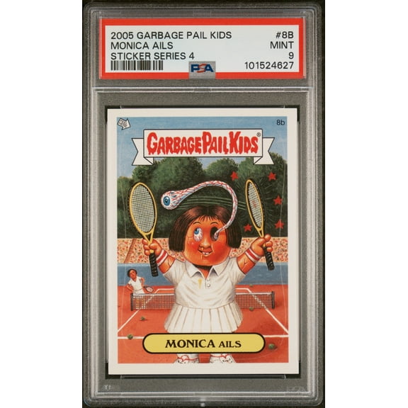 TCG Everything Else, PSA Graded 9 MINT, Monica Ails Sticker Series 4 #8B, Garbage Pail Kids Stickers Series 4, Fully Encapsulated Bundle with Compatible Garbage Pail Kids Hard Sealed Case