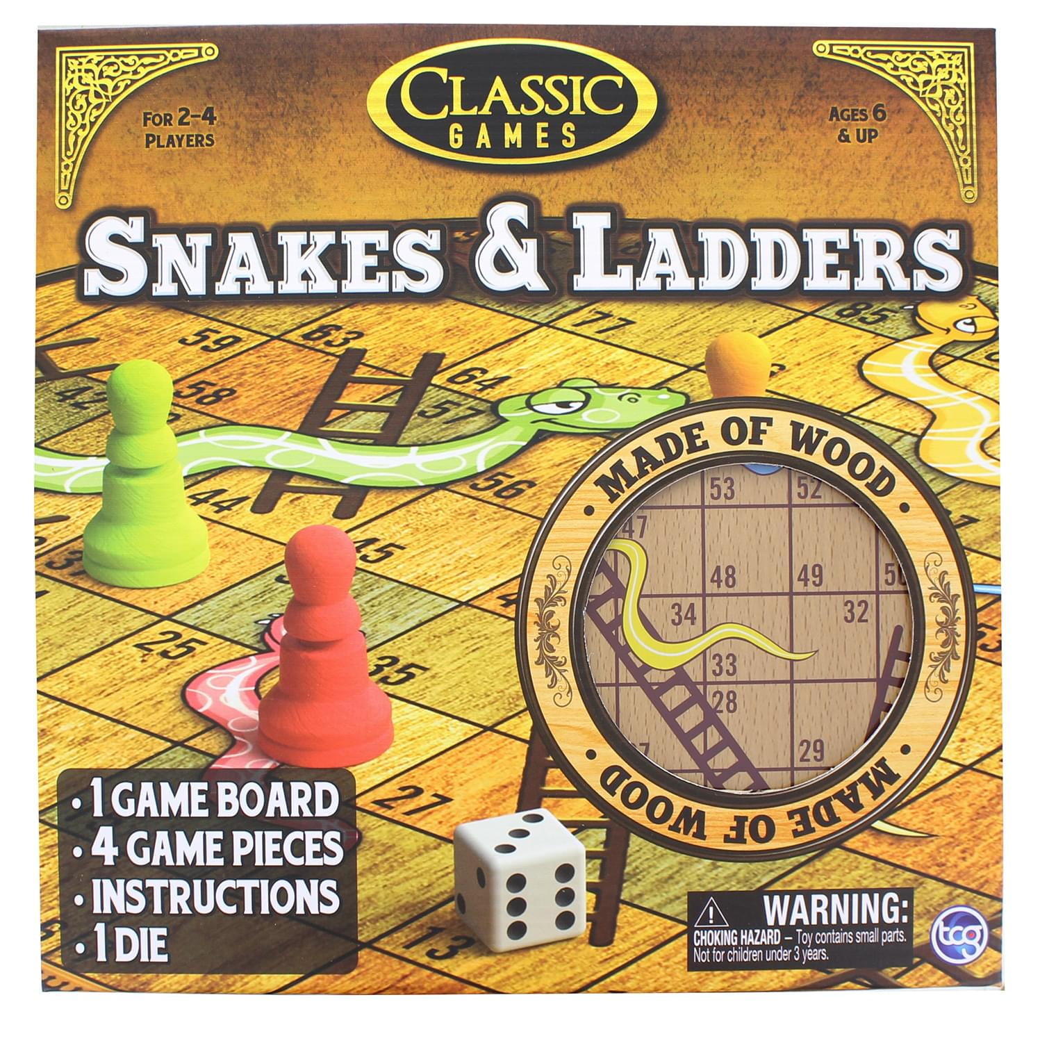 TCG Games Classic Snakes and Ladders Wooden Game Board, Brown (1066)