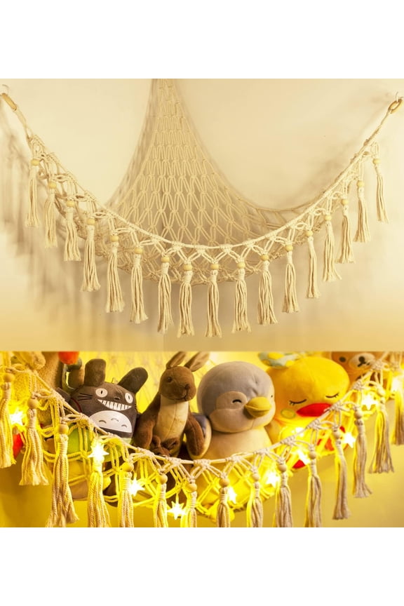 Stuffed Animal Toy Storage Hammock with LED Light-Macrame Jumbo Doll Room Corner Organizer Mesh Decoration-Hanging Storage Nets Kids Bedroom