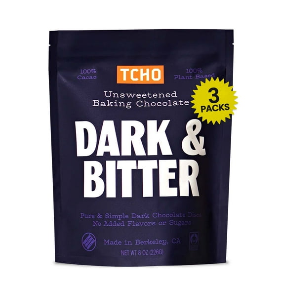 TCHO Dark & Bitter 100% Unsweetened Dark Chocolate Baking Couvertures (3 Bag) | Organic & Fair Trade Certified | Non GMO, Non-Dairy, Vegan, Soy Free (8oz each)