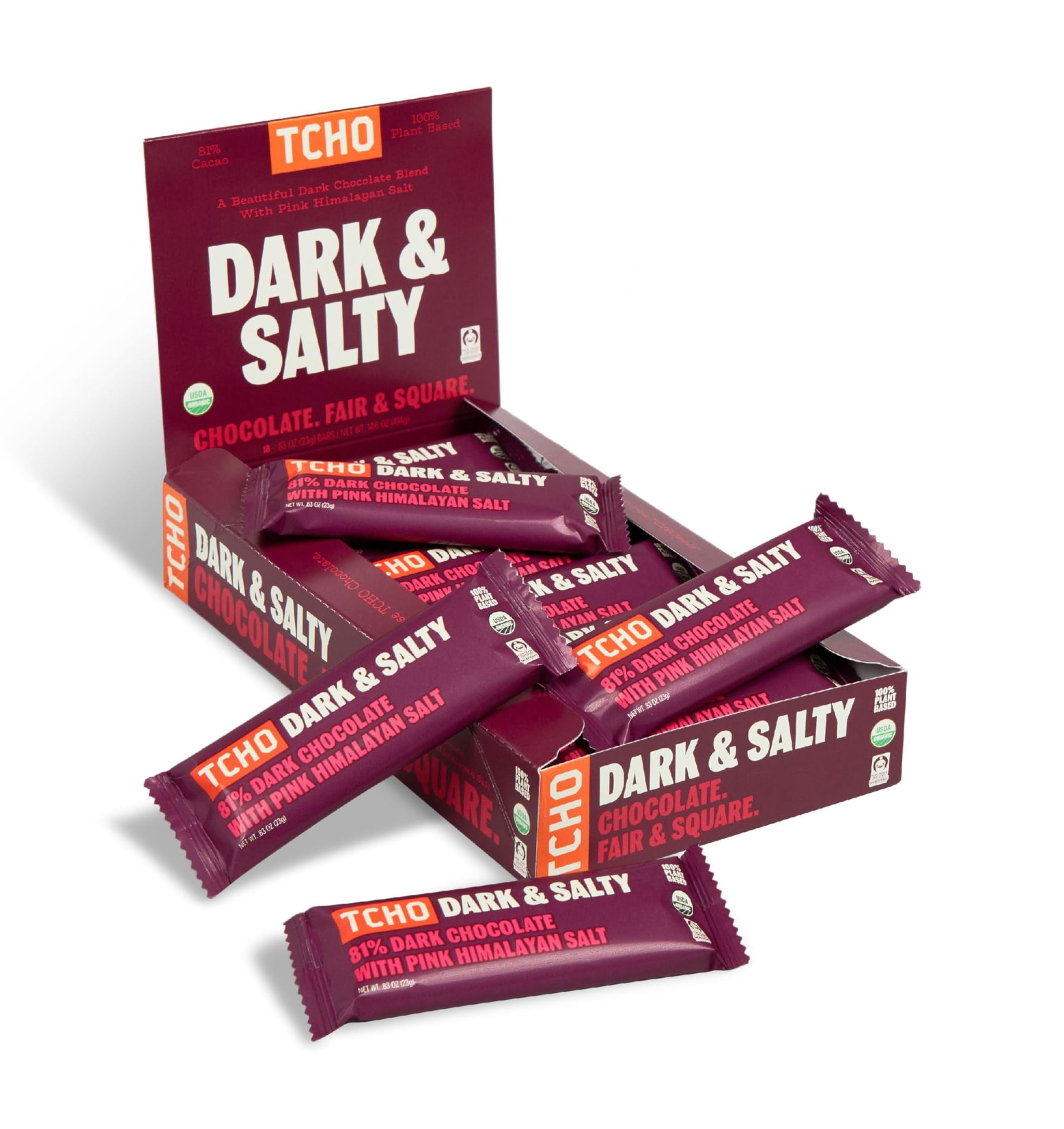 TCHO Dark & Salty Chocolate Bars - Organic 81% Dark Chocolate with Pink Himalayan Salt - Individually Wrapped 100% Plant-Based Pure Cacao Bars for Guilt-Free Indulgence (18-Pack)
